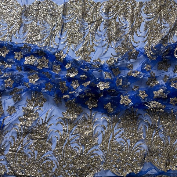 Blue and Gold Metallic Appliqué Star Print Sheer Mesh Fabric - Picture 2 of 5